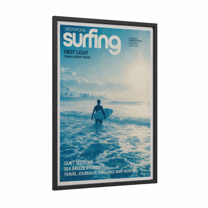 Sunrise Surfer Beach Wall Art framed surfing print — black wood frame — blue and turquoise palette