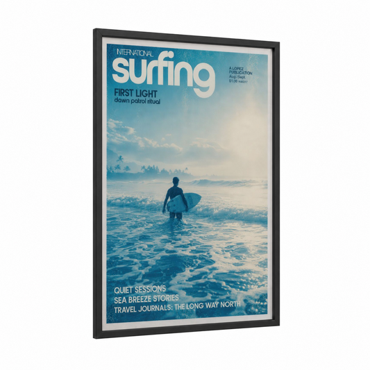 Sunrise Surfer Beach Wall Art framed surfing print — black wood frame — blue and turquoise palette
