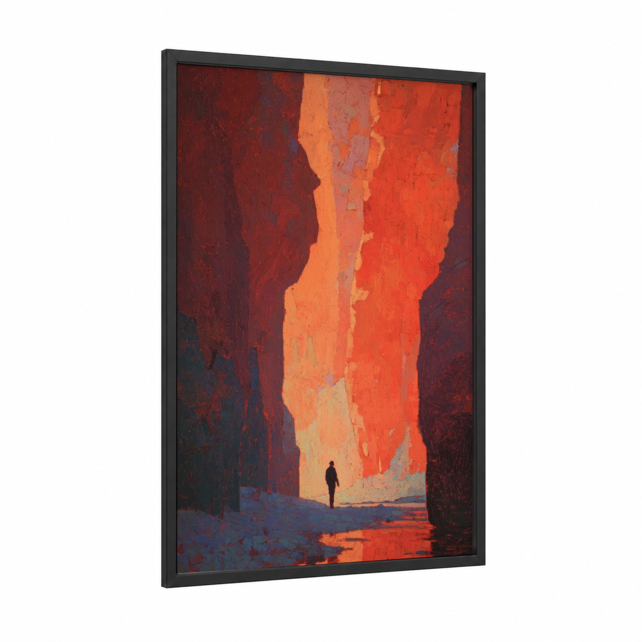Canyon Climber framed rock climbing print — black wood frame — red and orange palette