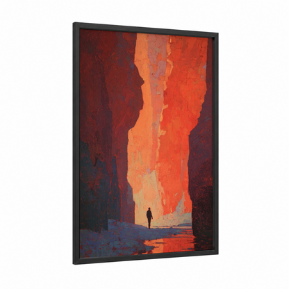 Canyon Climber framed rock climbing print — black wood frame — red and orange palette