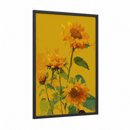 Golden Sunflower Burst framed sunflower field print — black wood frame — yellow gold and true green palette