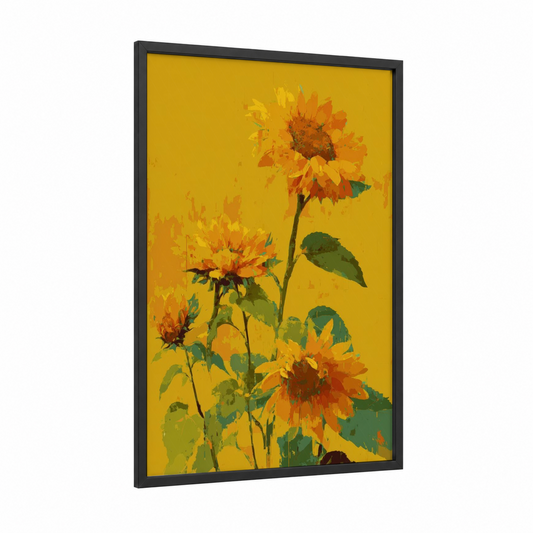 Golden Sunflower Burst framed sunflower field print — black wood frame — yellow gold and true green palette