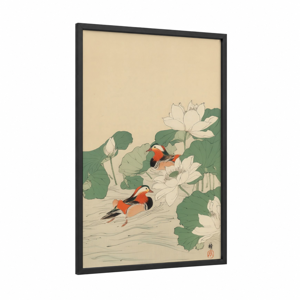 Lotus Ducks framed art print — black wood frame — cream and dark green palette