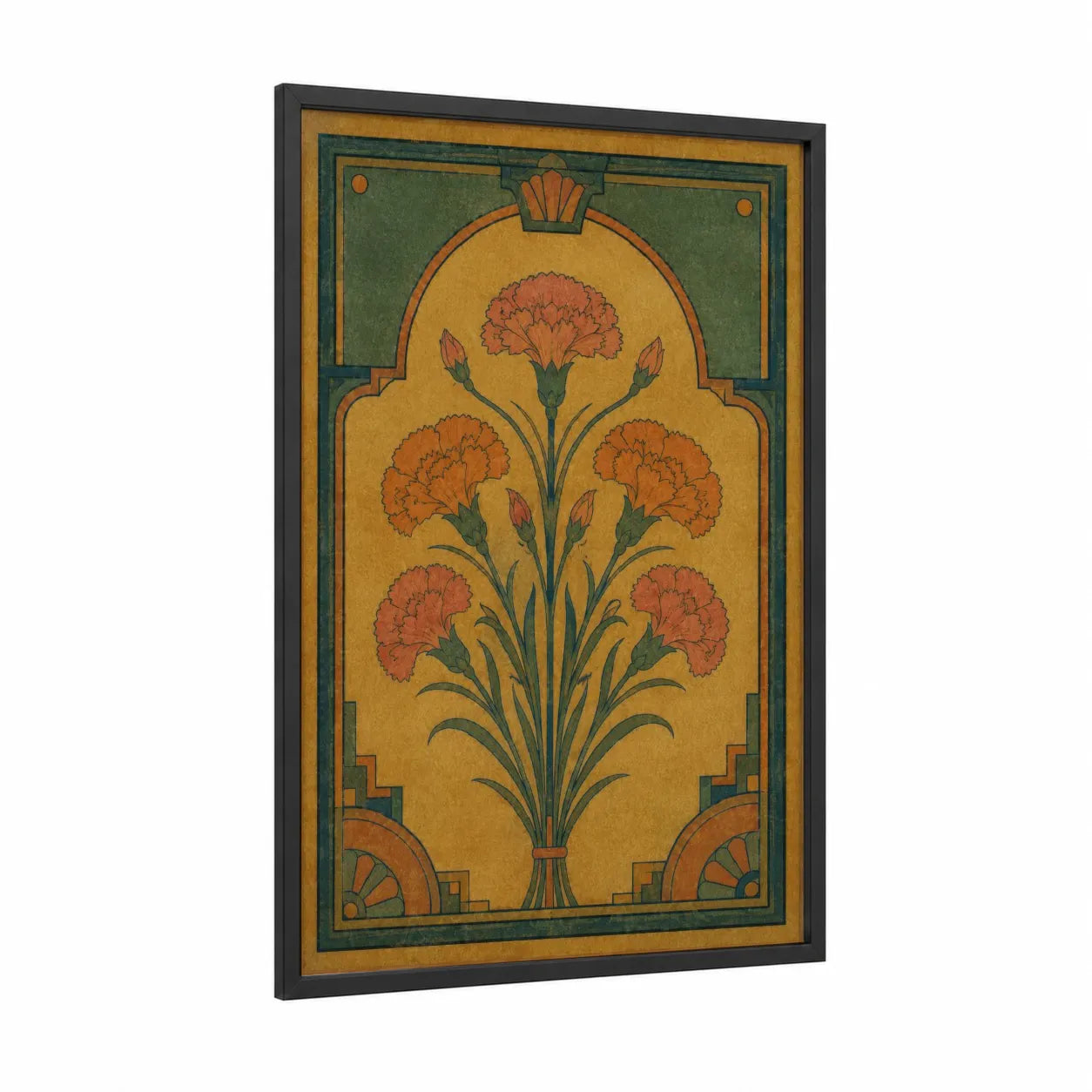 Art Deco Carnation Bouquet Wall Art framed carnations print — black wood frame — gold and orange palette