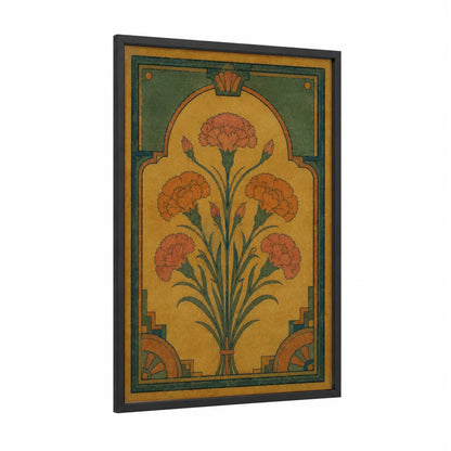 Art Deco Carnation Bouquet Wall Art framed carnations print — black wood frame — gold and orange palette