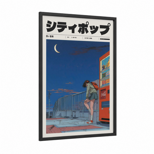 Neon Night Solitude framed anime and manga print — black wood frame — dark blue and orange palette