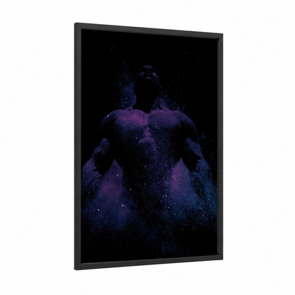 Cosmic Bodybuilder framed bodybuilding print — black wood frame — blue and magenta palette