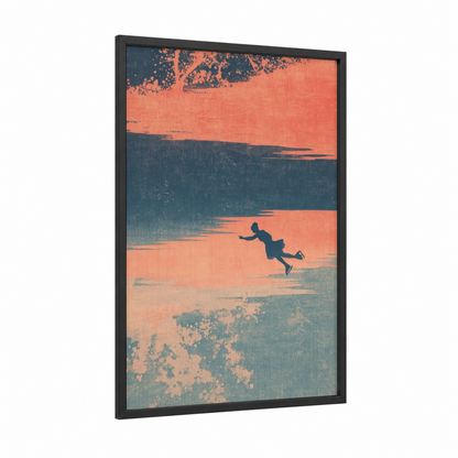 Sunset Ice Skater framed ice skating print — black wood frame — salmon pink and blue palette