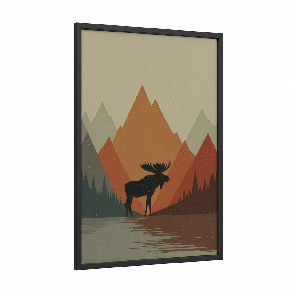 Wilderness Moose framed art print — black wood frame — russet and beige palette