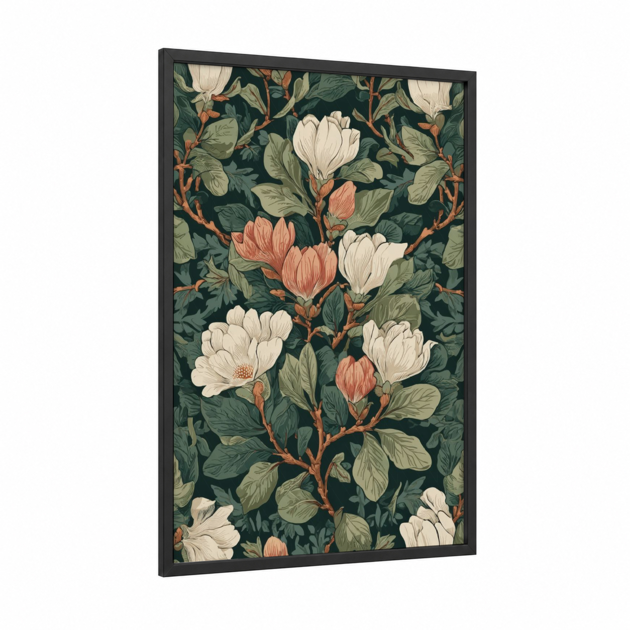 Magnolia Botanical framed art print — black wood frame — dark green and cream palette