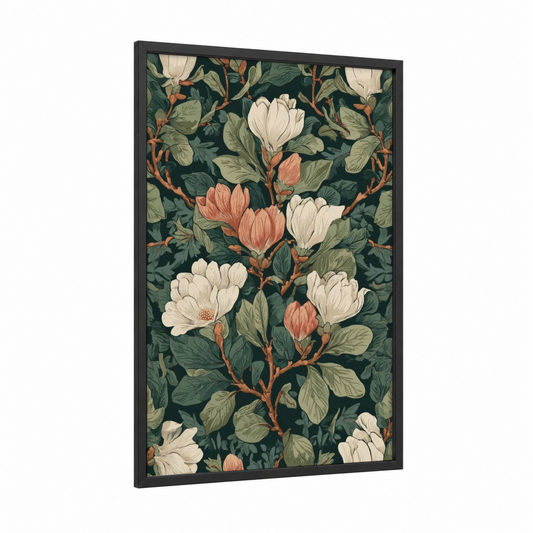 Magnolia Botanical framed art print — black wood frame — dark green and cream palette