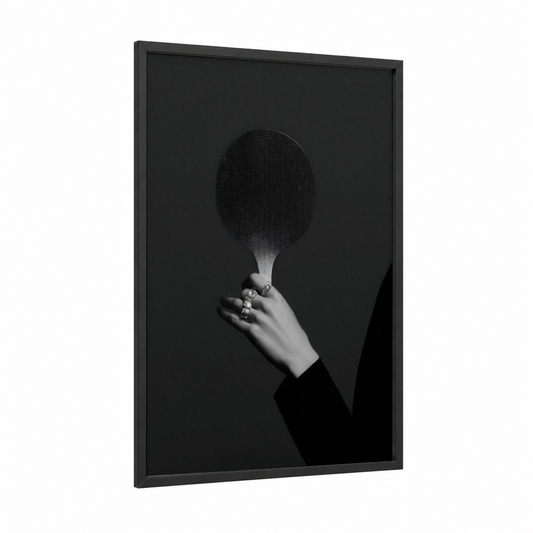 Minimalist Paddle framed table tennis print — black wood frame — black and white palette