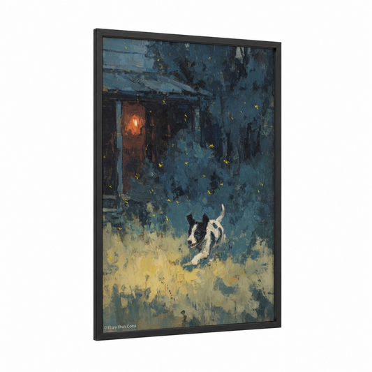 Firefly Night framed fireflies print — black wood frame — blue and gold palette