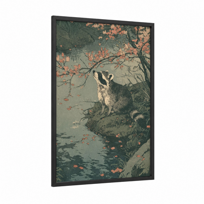 Autumn Raccoon framed art print — black wood frame — sage green and peach palette