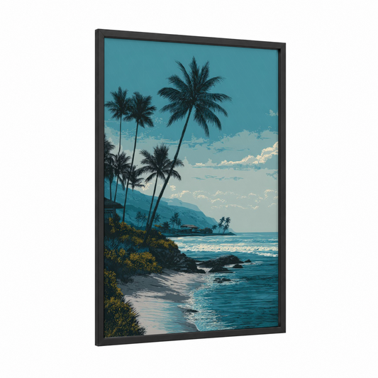 Tropical Beach Paradise framed sandy beach print — black wood frame — teal and cream palette
