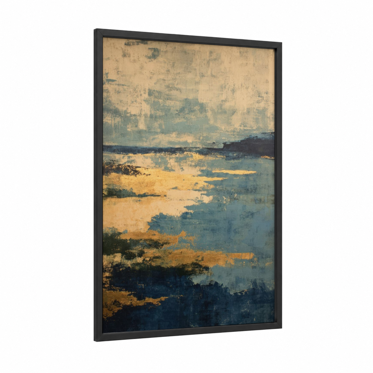 Golden Summer Horizon framed art print — black wood frame — gold and blue palette
