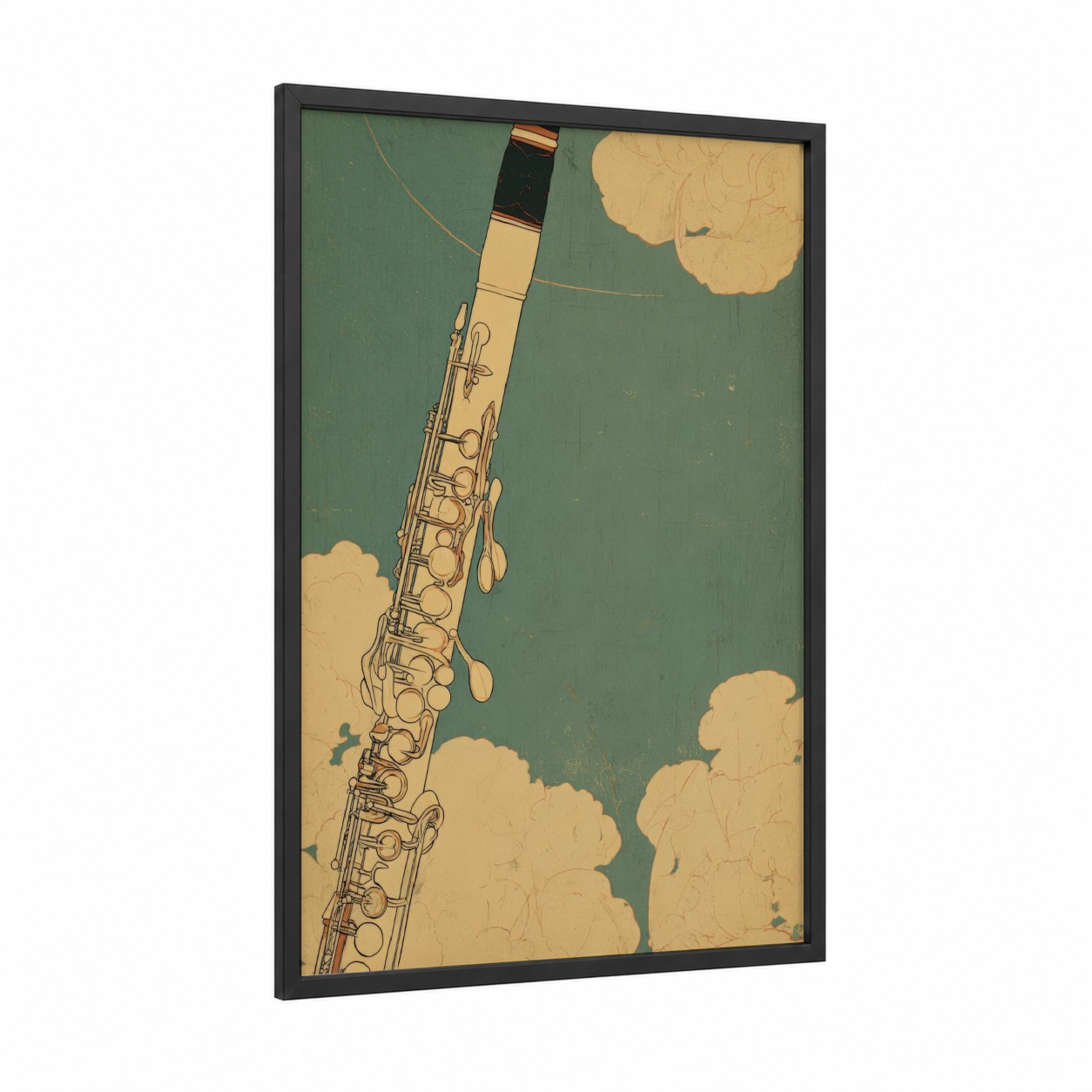 Cloudy Clarinet framed art print — black wood frame — sage green and cream palette