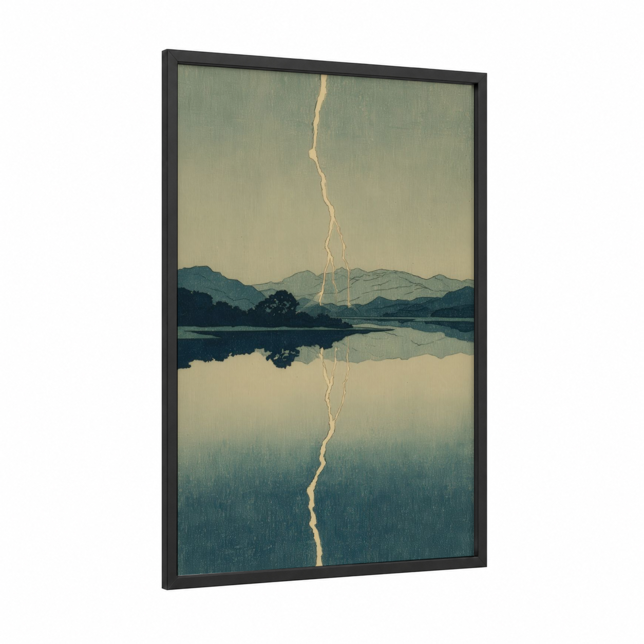 Vertical Lightning Strike framed art print — black wood frame — sage green and cream palette