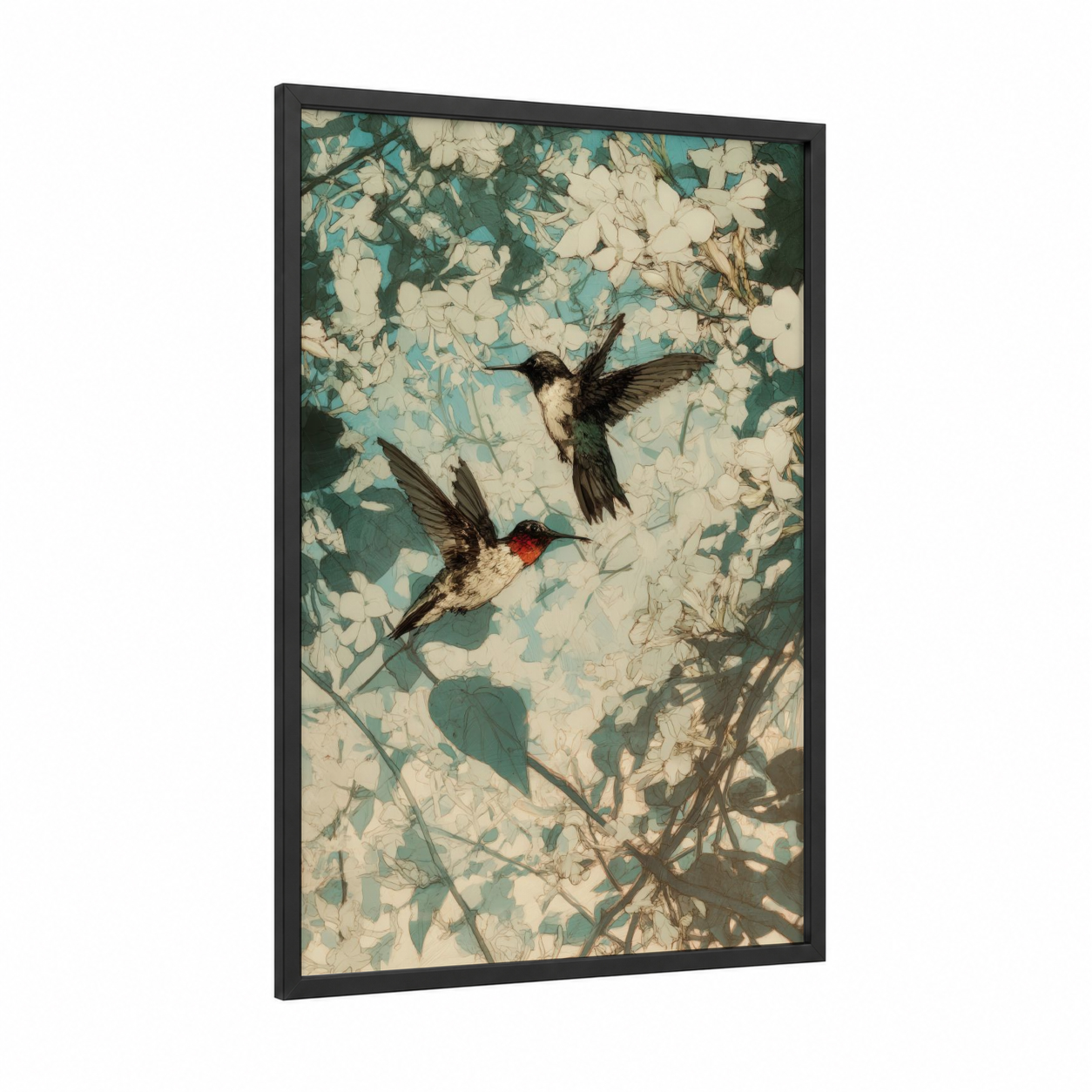 Hummingbird Duet framed art print — black wood frame — teal and cream palette