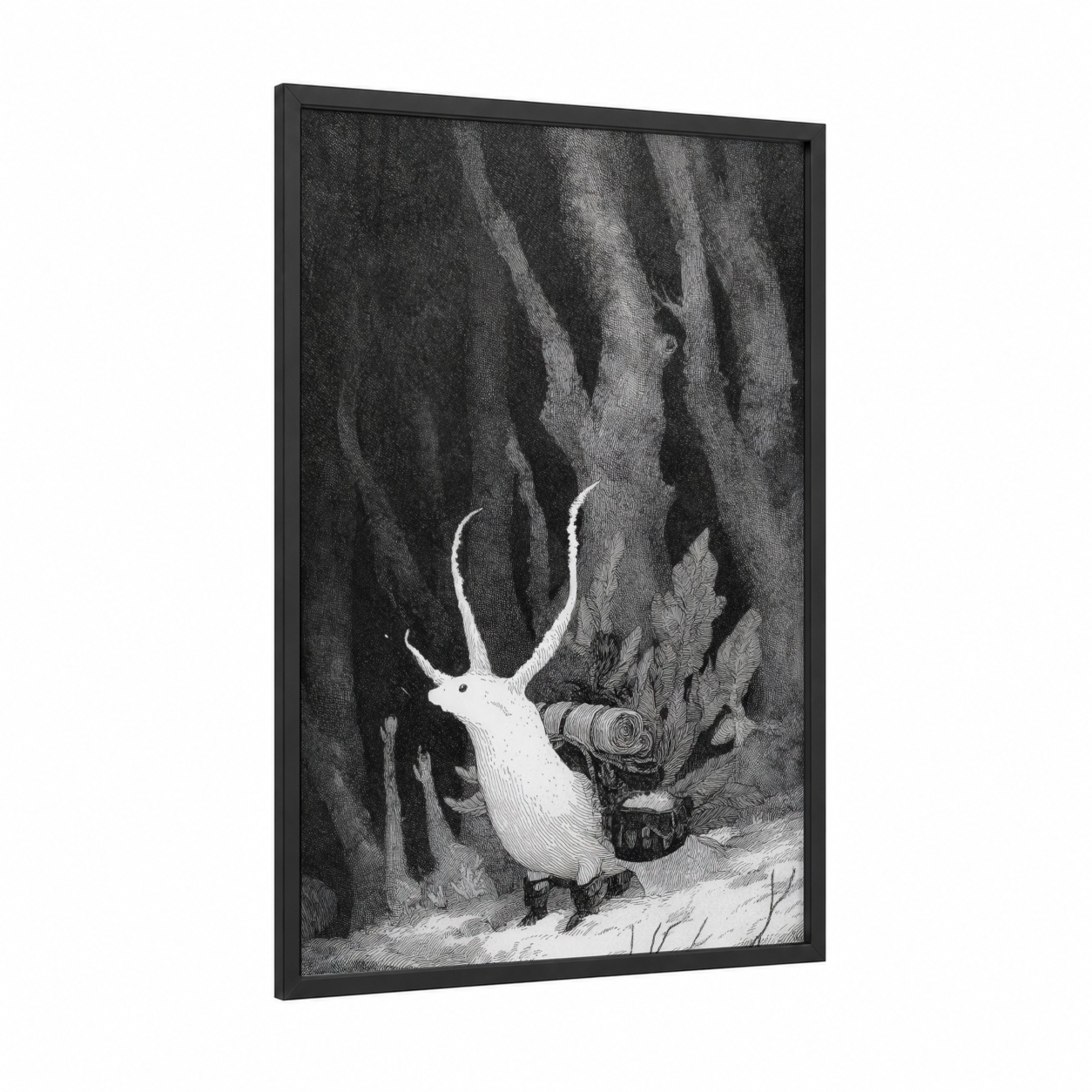 Antlered Nudibranch framed art print — black wood frame — black and white and gray palette