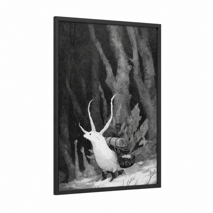 Antlered Nudibranch framed art print — black wood frame — black and white and gray palette