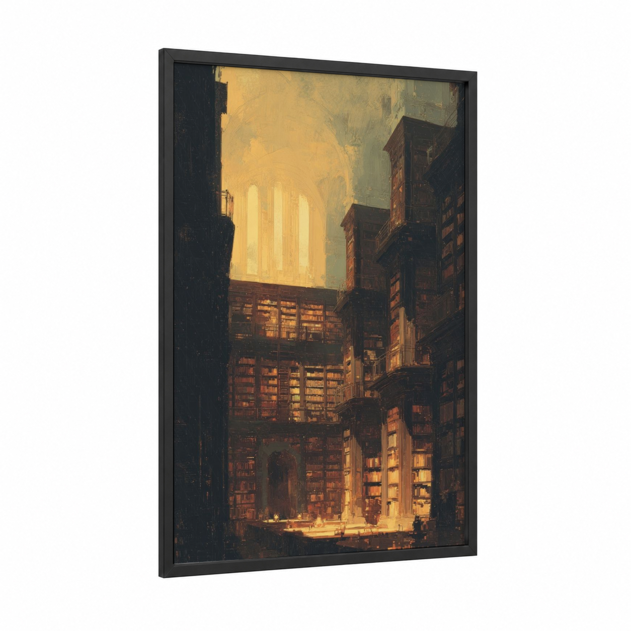 Golden Library Atrium framed art print — black wood frame — gold and maroon palette
