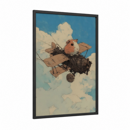 Steampunk Guinea Pig framed art print — black wood frame — blue and white and peach palette