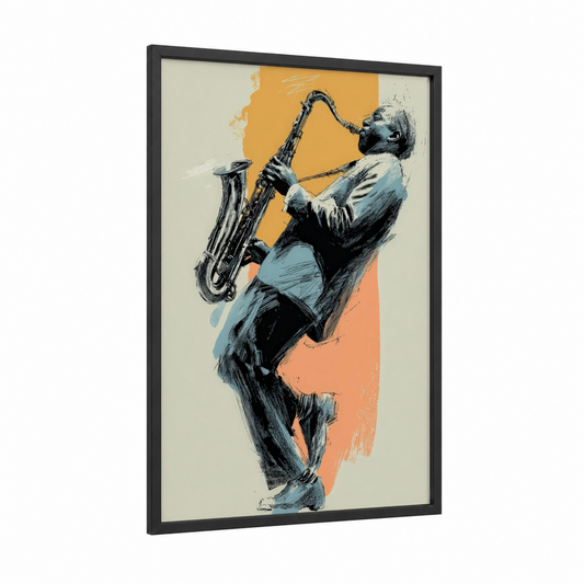 Jazz Saxophonist framed musician print — black wood frame — gold and black palette