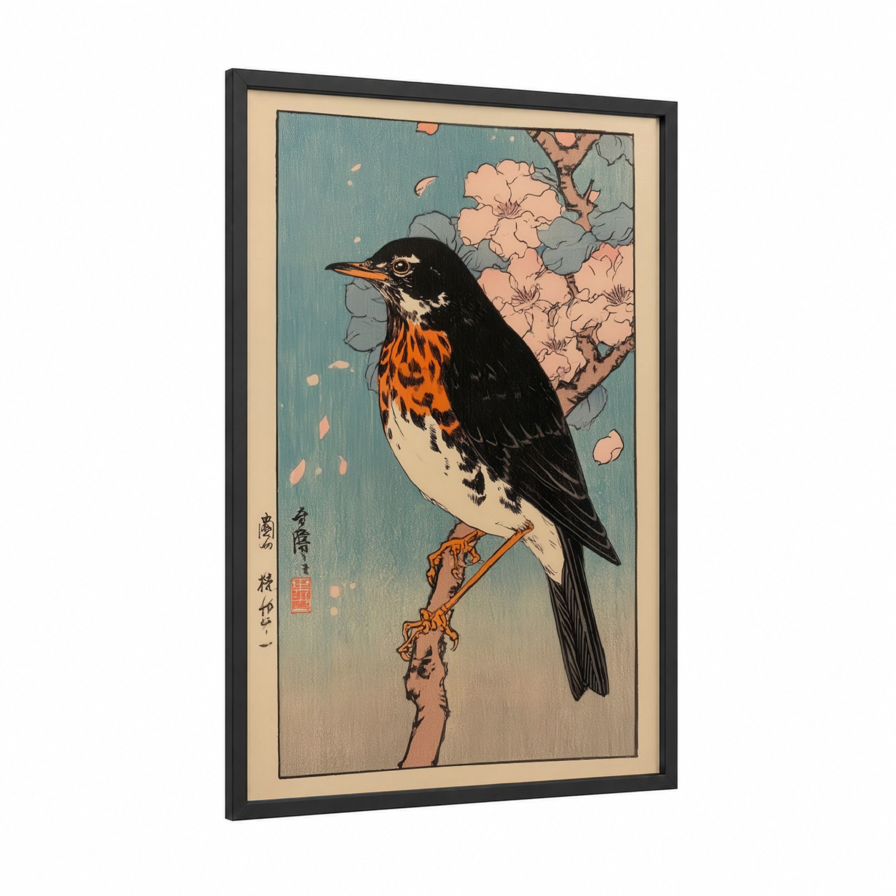 Orange-Breasted Thrush framed art print — black wood frame — teal and peach palette
