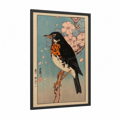 Orange-Breasted Thrush framed art print — black wood frame — teal and peach palette