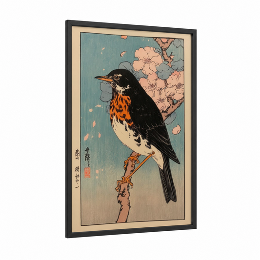 Orange-Breasted Thrush framed art print — black wood frame — teal and peach palette