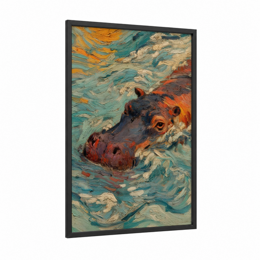 Bathing Hippo framed art print — black wood frame — teal and orange palette