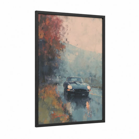 Misty Sports Car framed art print — black wood frame — russet and blue and gray palette