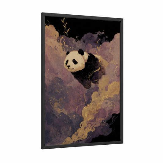 Misty Panda framed art print — black wood frame — gold and lavender palette