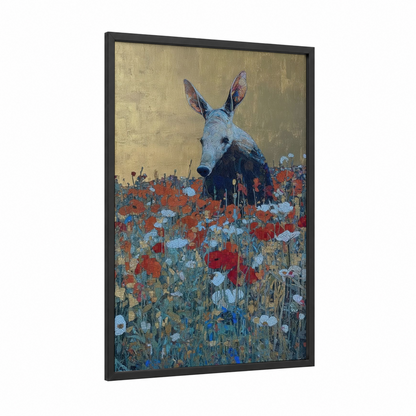 Wildflower Aardvark framed art print — black wood frame — gold and red palette