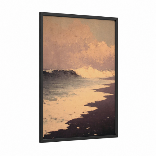 Golden Dreamscape framed art print — black wood frame — peach and gold palette