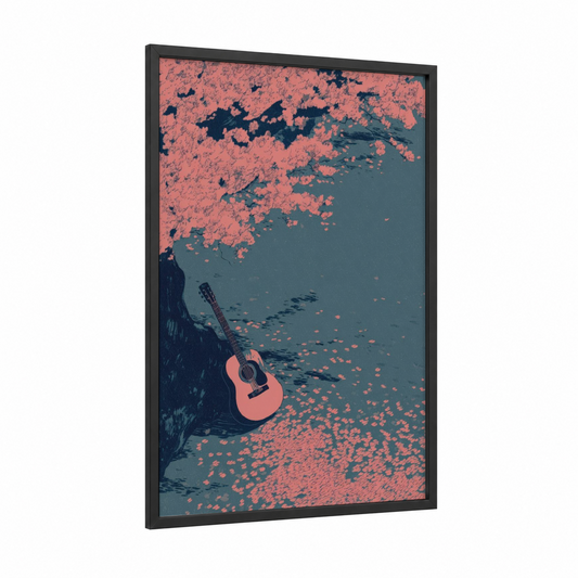 Dreaming Guitar framed acoustic guitar print — black wood frame — salmon pink and blue and gray palette