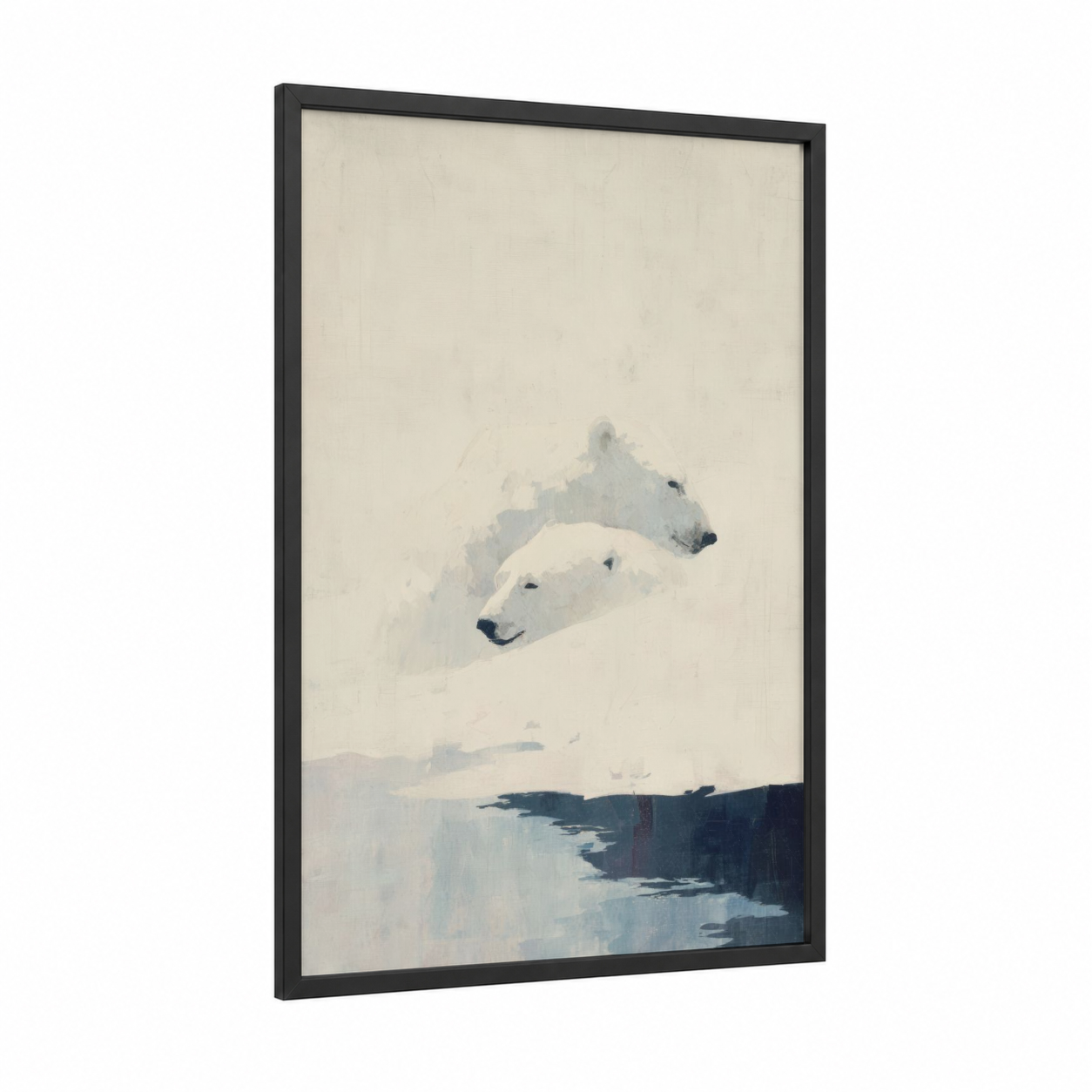 Snowy Bear Pair framed animals in love print — black wood frame — white and blue and gray palette