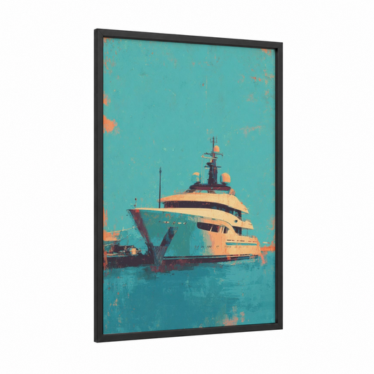 Turquoise Yacht framed yacth print — black wood frame — turquoise and gold palette