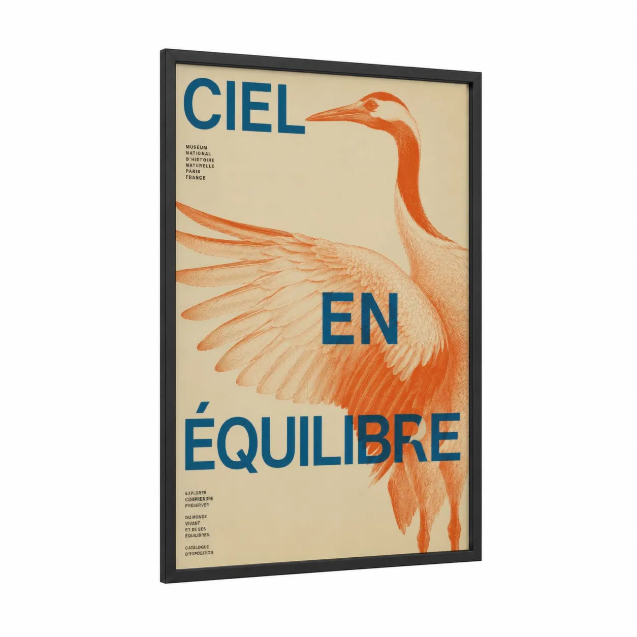 Vintage French Museum Crane Wall Art framed art print — black wood frame — orange and beige palette
