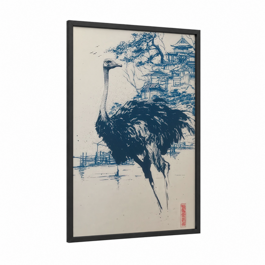 Pagoda Ostrich framed art print — black wood frame — dark blue and cream palette