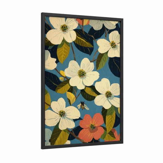 Spring Dogwood Bloom framed art print — black wood frame — cream and teal palette