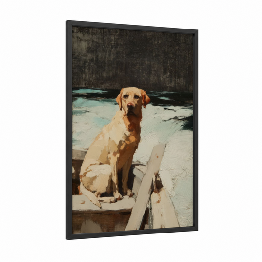 Lakeside Retriever framed art print — black wood frame — gold and teal palette