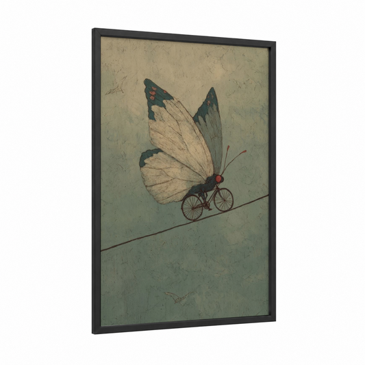 Cycling Butterfly framed art print — black wood frame — cream and sage green palette