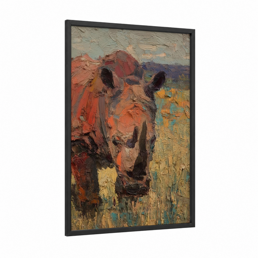 Russet Rhino framed art print — black wood frame — russet and gold palette