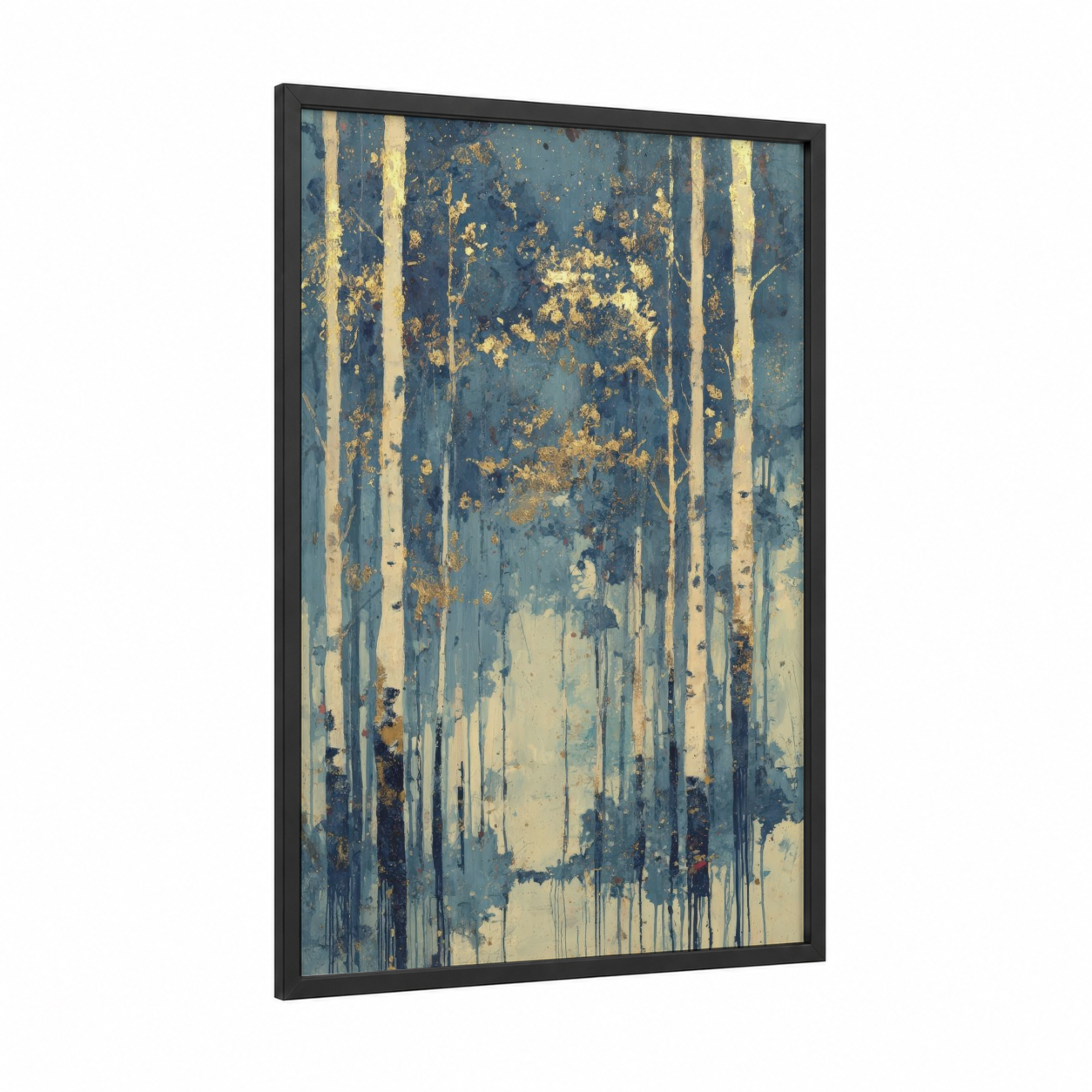 Golden Birch Forest framed birch tree print — black wood frame — blue and gold palette