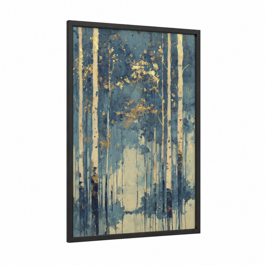 Golden Birch Forest framed birch tree print — black wood frame — blue and gold palette