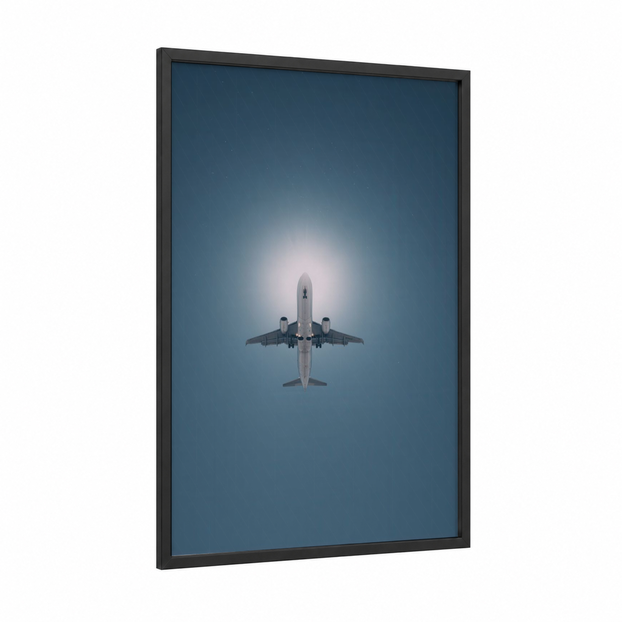 Ascending Private Jet framed art print — black wood frame — blue and white palette