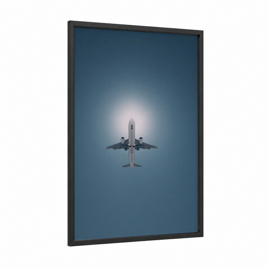 Ascending Private Jet framed art print — black wood frame — blue and white palette