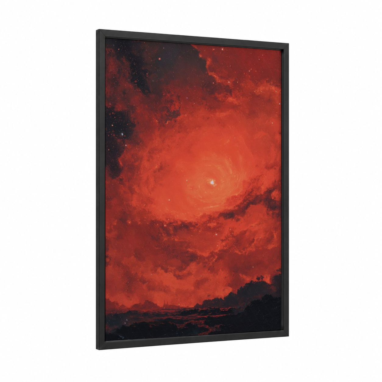 Crimson Star Nebula framed art print — black wood frame — red and black and red palette